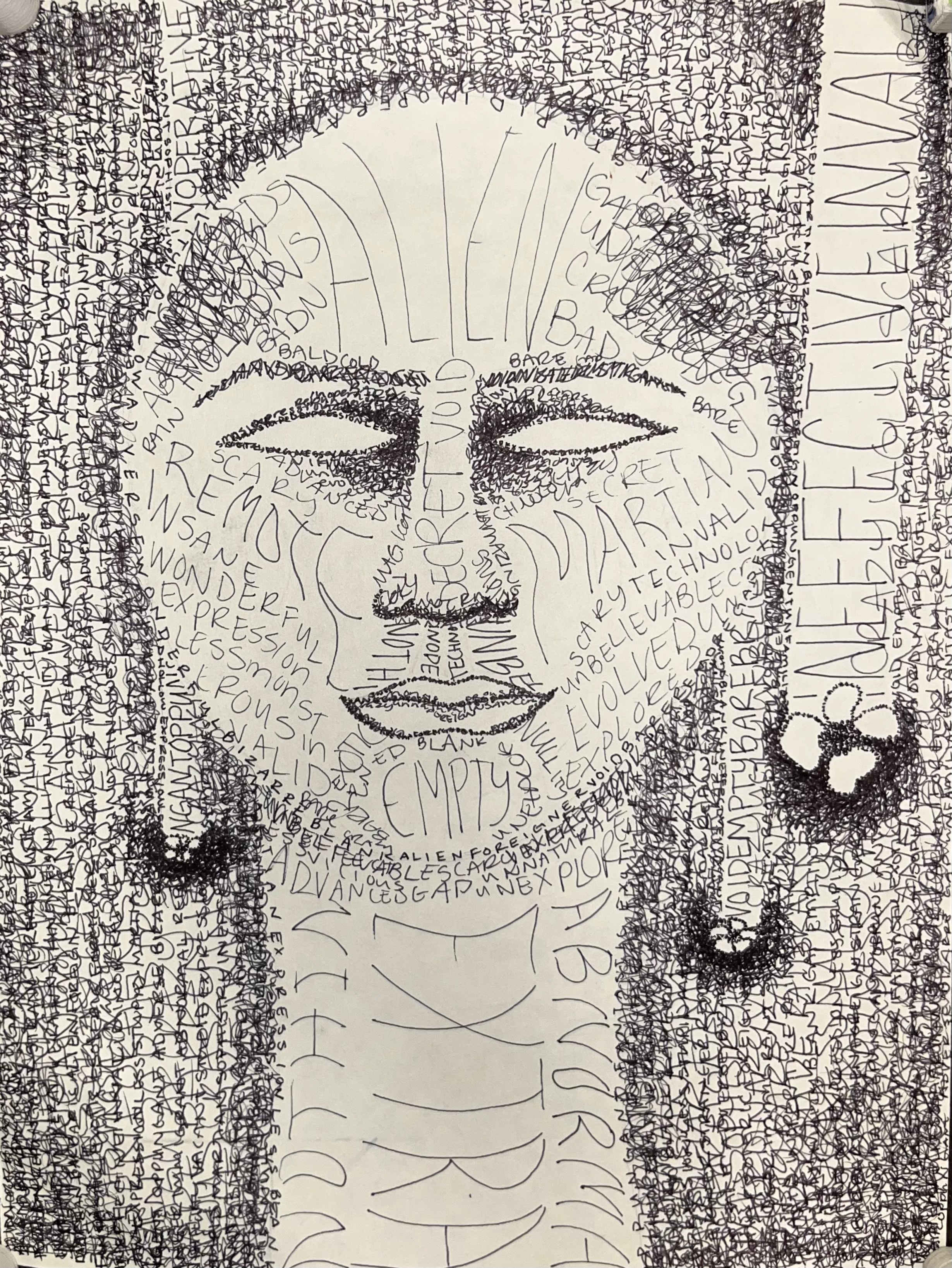 Abstract face drawing filled with handwritten text