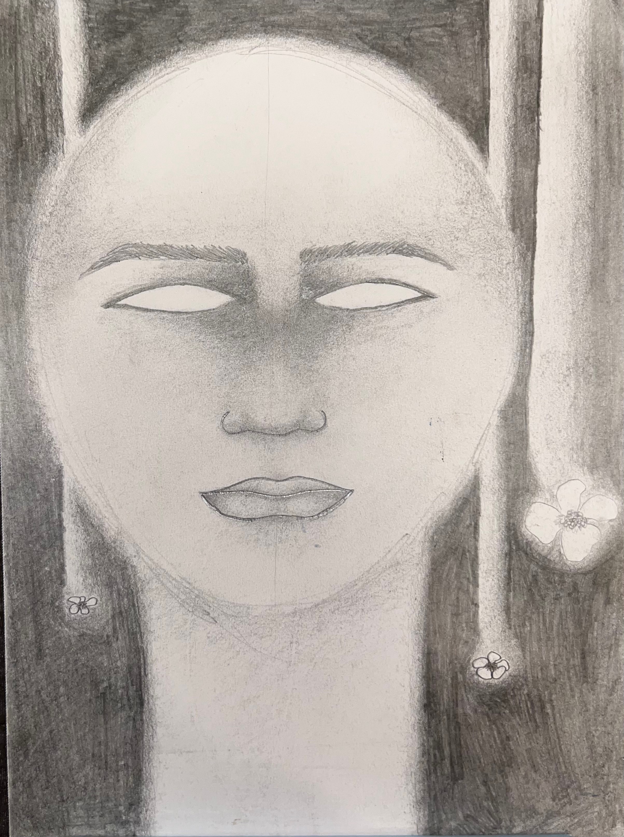 Pencil portrait of a woman with flowers