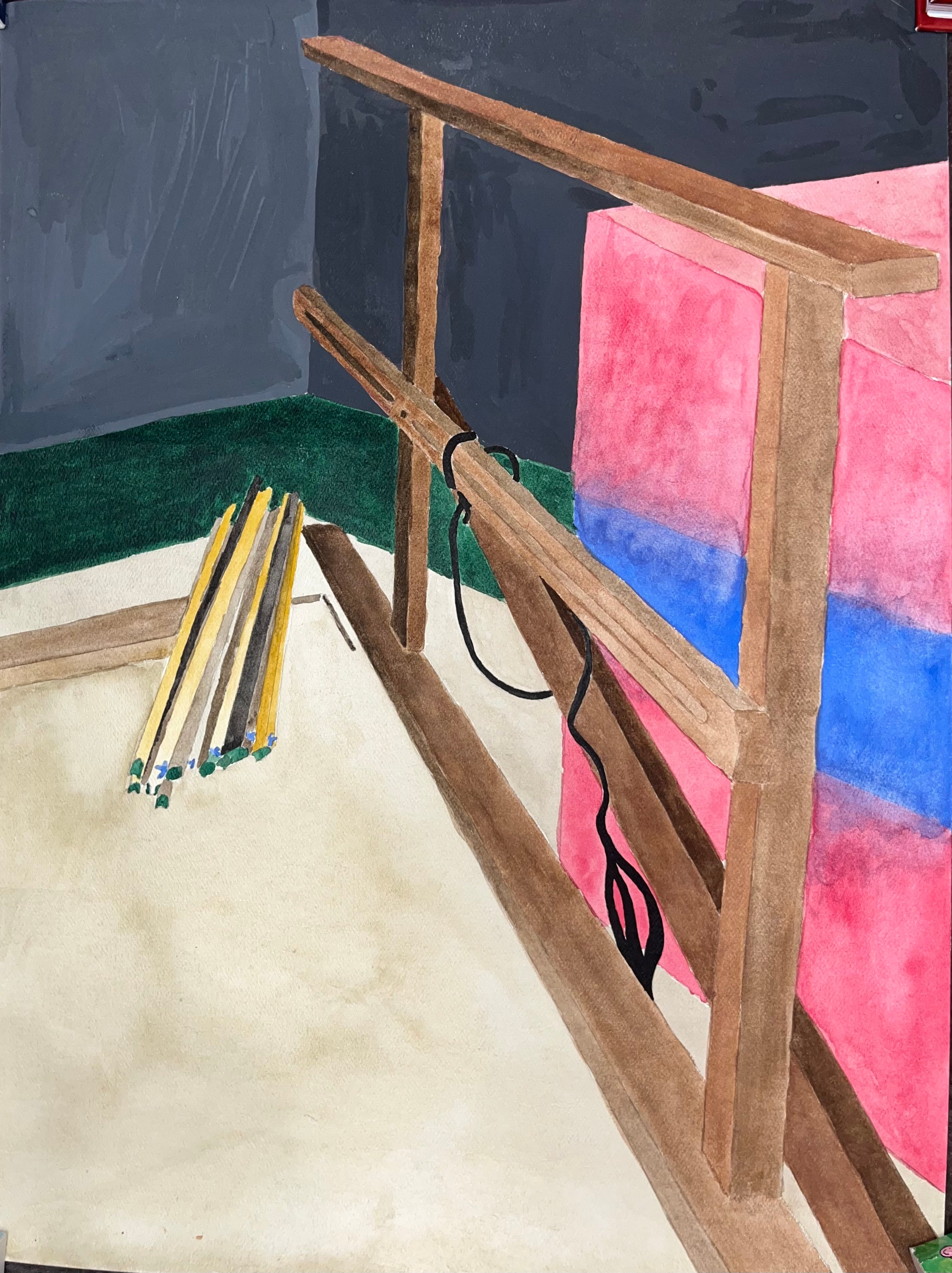 Watercolor painting of a wooden bunk bed frame
