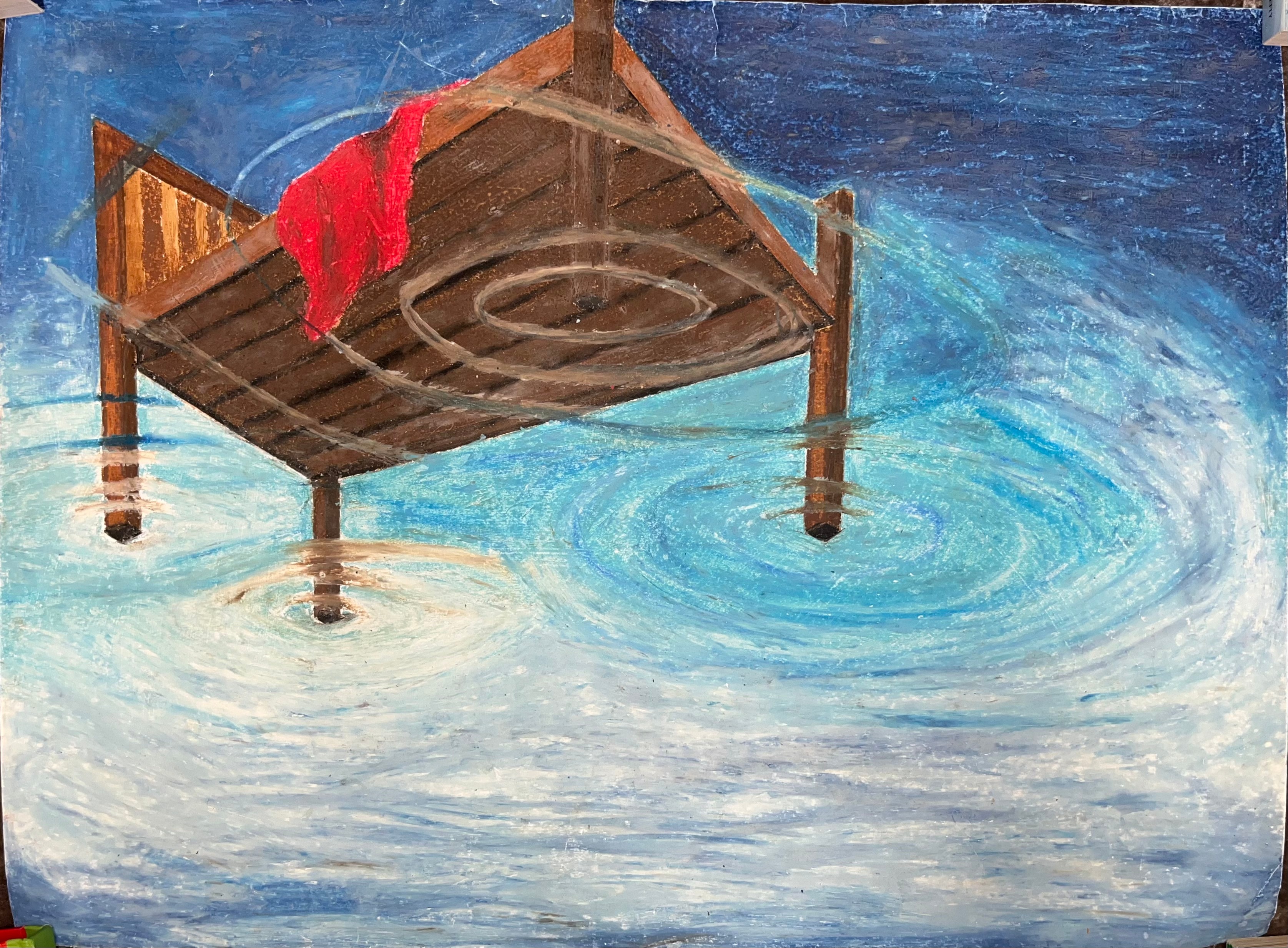 Painting of a dock extending over rippling blue water